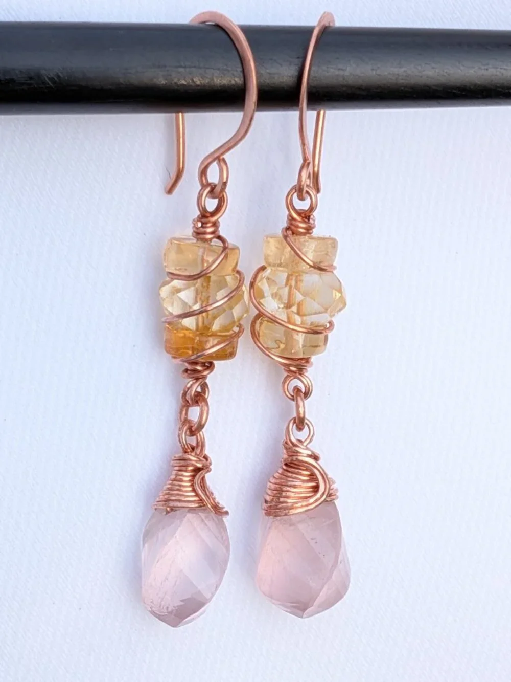 Citrine and Rose Quartz Gemstone Earrings in Copper Wire Wrap